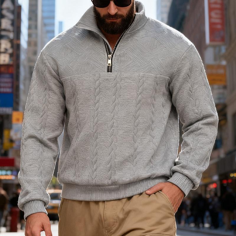 

Autumn and Winter American New Men s Textured Jacquard Casual Commuting Stand Collar Zipper Sweatshirt XXXL сірий