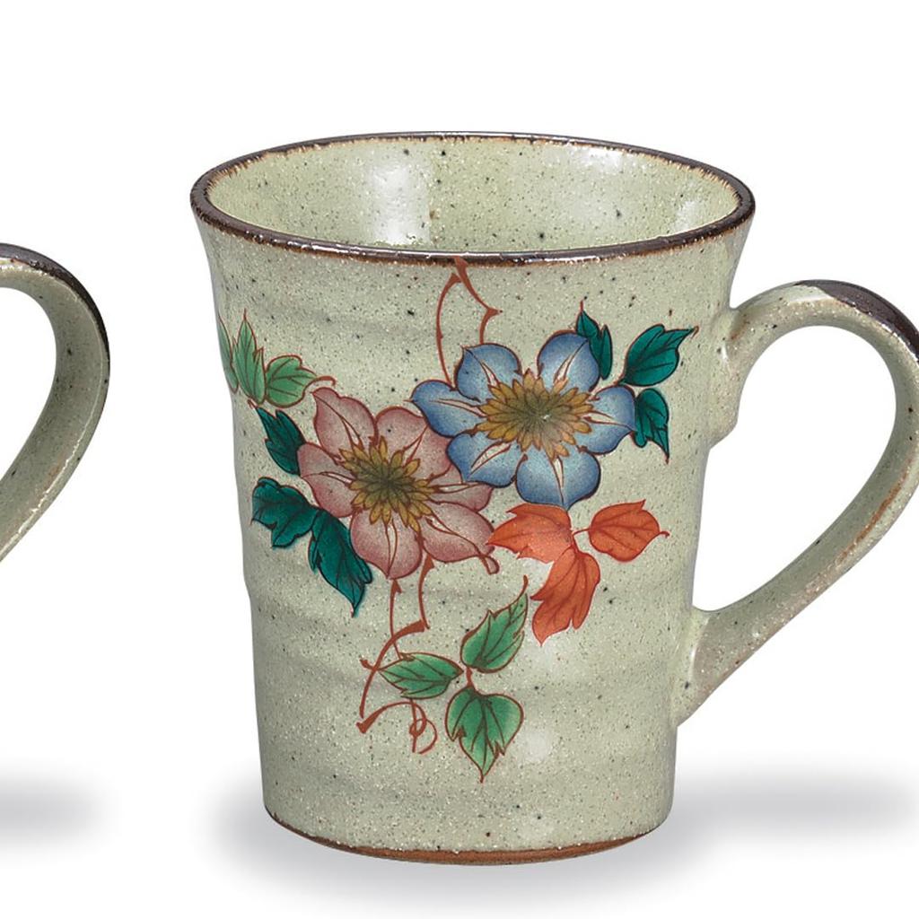 Kutani Ware Iwataya Pair of Mugs, Colorful Flower and Bird Design, AP7-0863