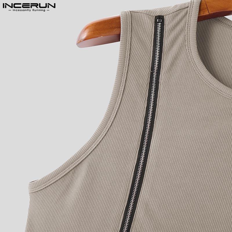 INCERUN Summer Men O Neck Zip-up Sleeveless Rib Sport Casual Fitted Tank Tops
