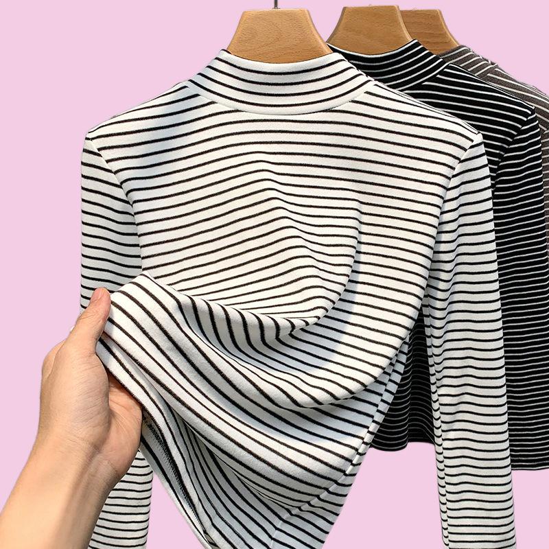 Women S Slim Fit Striped Half Turtleneck Long Sleeve Thermal Base Layer Top