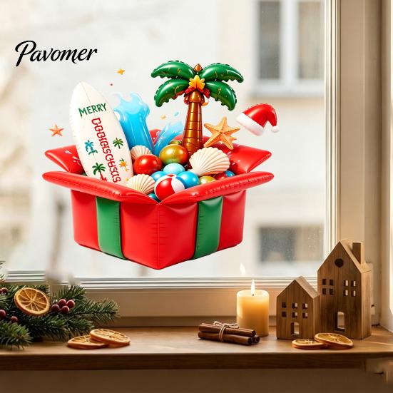 Easy Apply Window Decals Christmas in July Clings, Tropical Summer Candy Cane Gift Box Clings Decal, Beach Hawaiian Xmas Party Decoration for