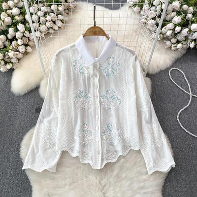 Vintage Fashion Women Blouse Sales Sequined Embroidery Turn Down Collar Lapel Single Shirts Autumn Casual Ladies Tops