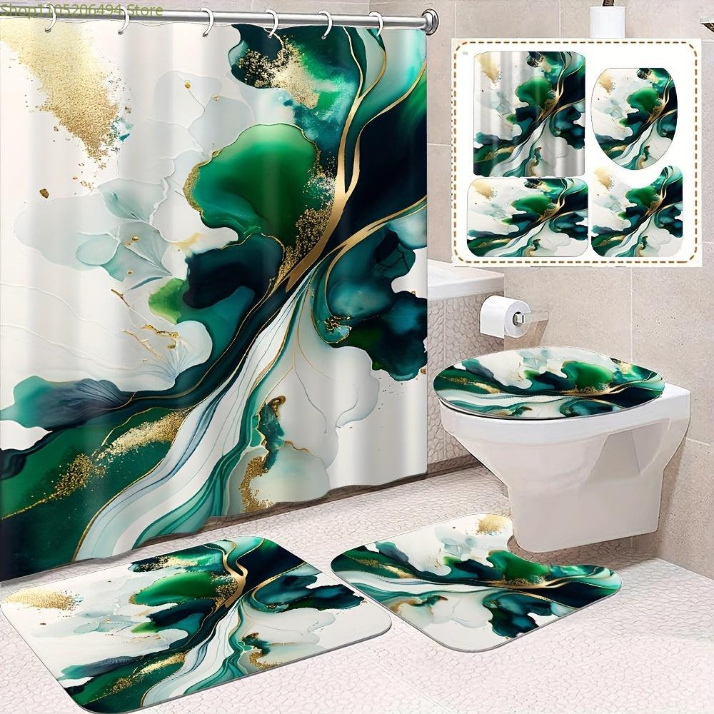 

1/4pcs Green Gilded Marble Print Pattern Shower Curtain, Polyester Curtain with 12 Hooks, Geometric Abstract Print Pattern, De 4pcs-Set