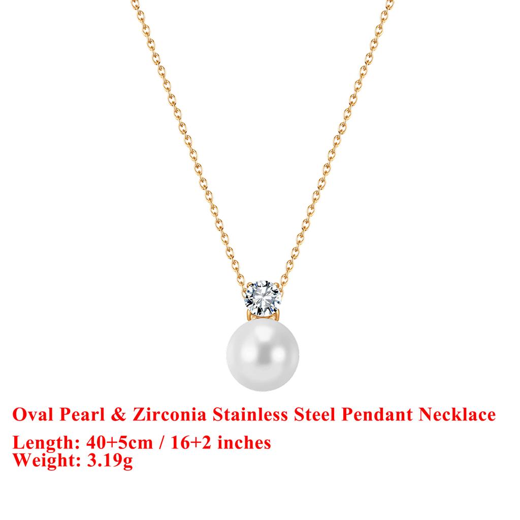 EFFIE QUEEN Stainless Steel 18k Gold Oval Pearl and Zirconia Pendant Necklace Simple Jewelry for Women Banquet Party Gift STPN03