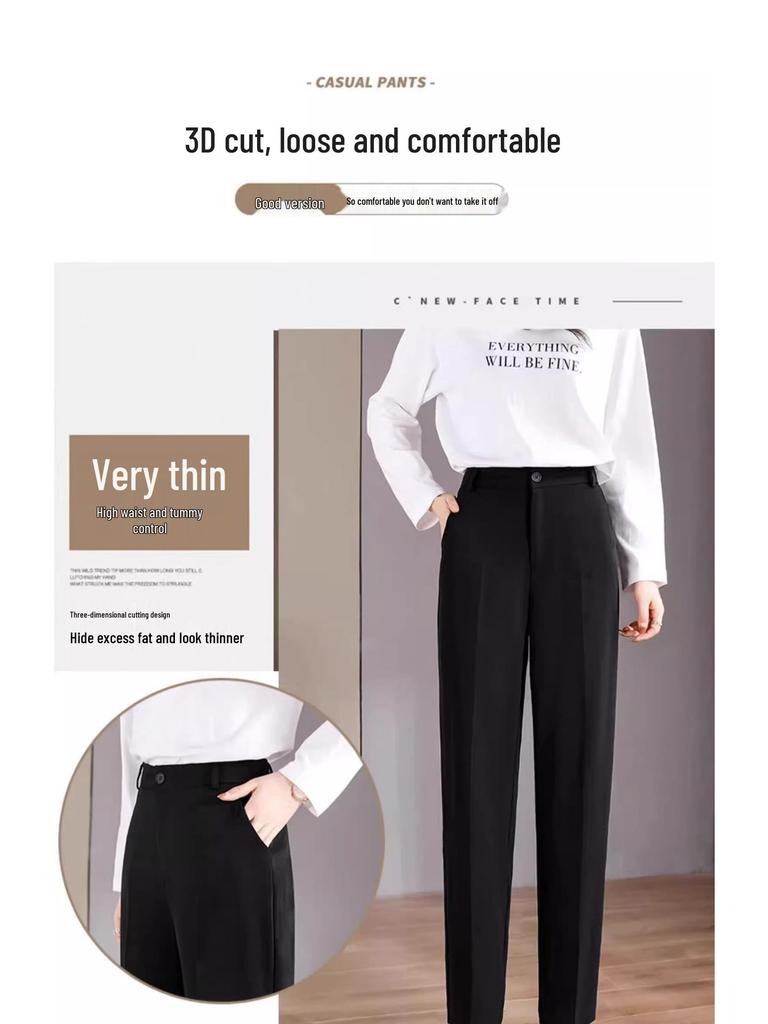 Women's High-Waist Black Cigarette Pants - Slimming, Plus Size, Cropped, Straight Fit for Spring/Autumn