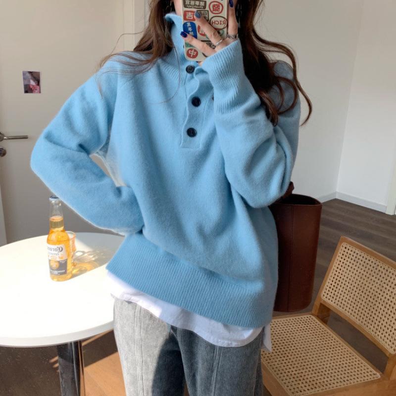 Korean Style Cashmere Sweater Turtleneck Women's Jumper Autumn Winter Buttons Loose Pullover Long Sleeve Knitwear
