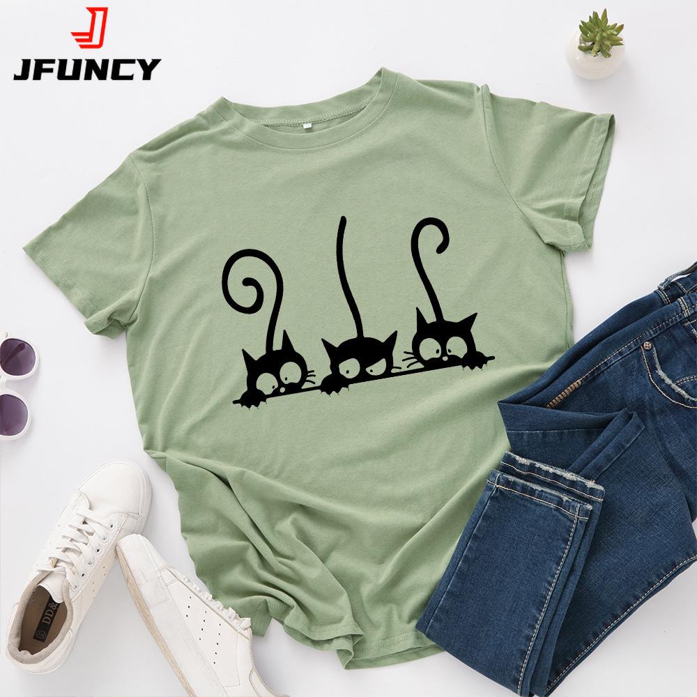 

100% Cotton Women T Shirt New Cat Print T-shirts Female Short Sleeve Tees Tops Woman Summer Tshirt M