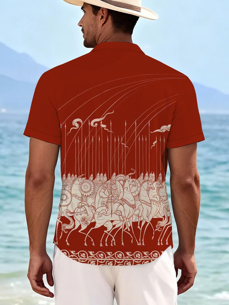 Printed Design – Not Textured, New Summer Men's Red Totem Print Shirt, Casual Style Short Sleeve Lapel Top, Fashionable and Versatile, the Perfect