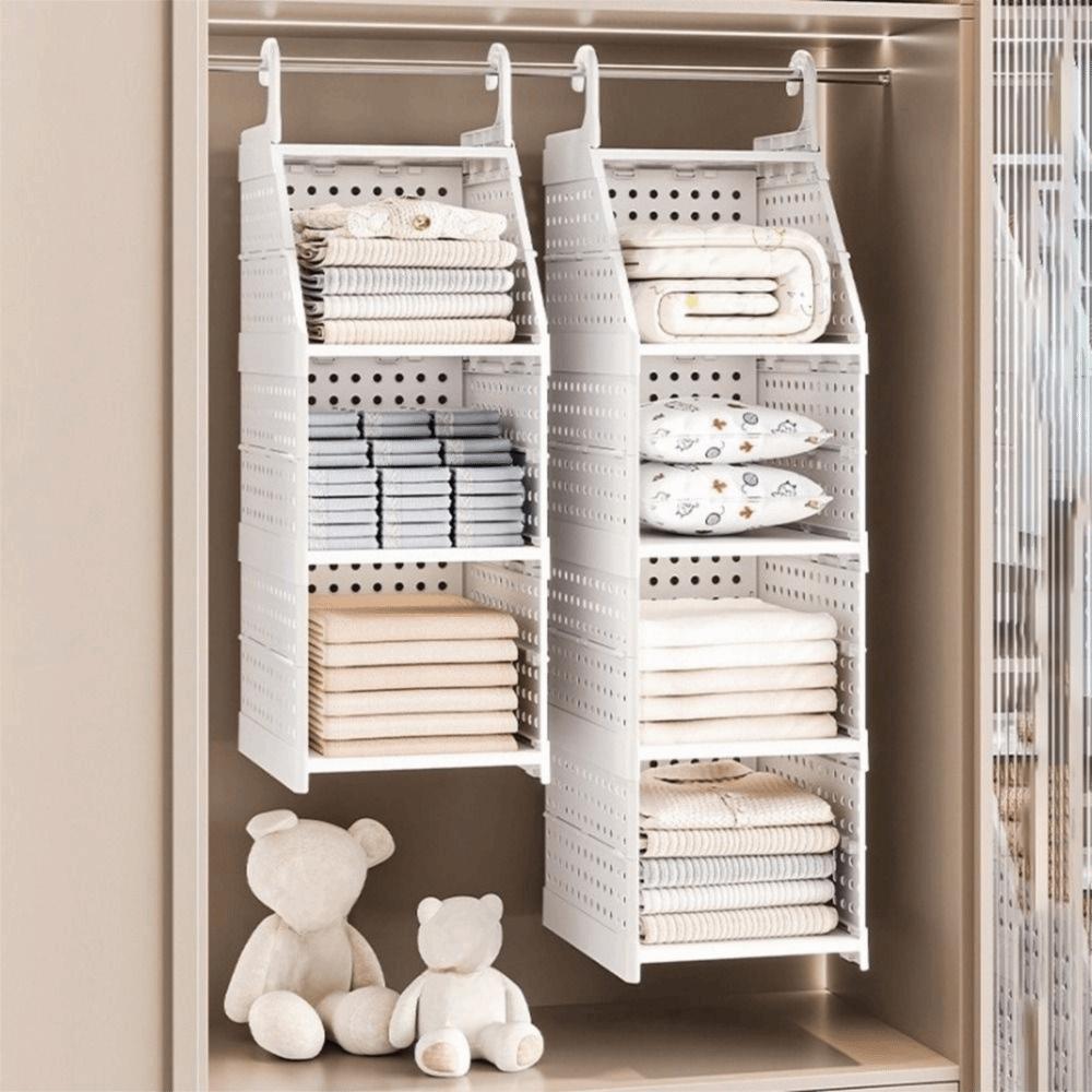 Plastic Multi-Layer Clothing Organizer Large Capacity Foldable Layered Partition Wardrobe Organizer with Hook Space Saving