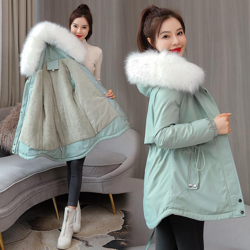 

Чисто-белая куртка на хлопковой подкладке с меховым воротником, тонкая женская одежда средней длины больших размеров, кашемировое пальто в зимнем стиле