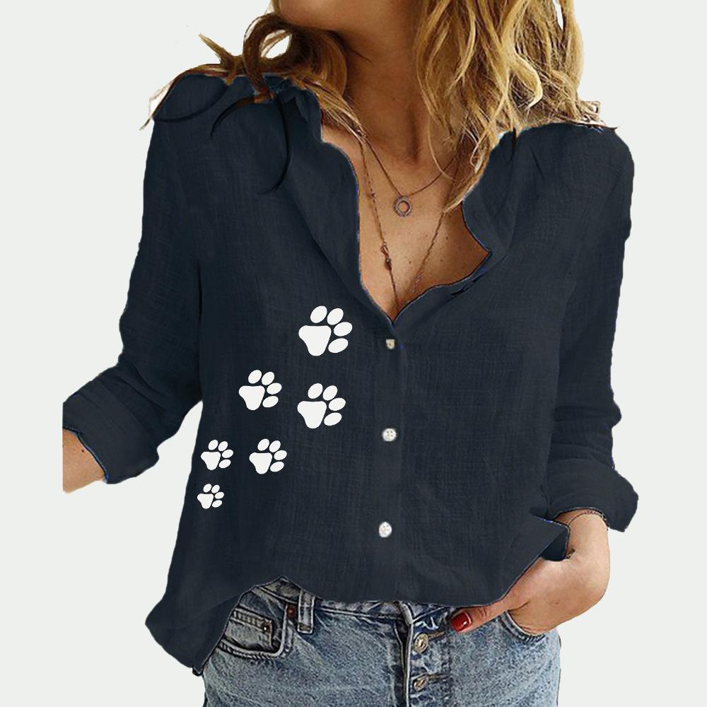 Women Fashion Lapel Collar Shirt Summer&fall Casual Long Sleeve T-shirt Print Cotton Linen Top Female Loose Blouses