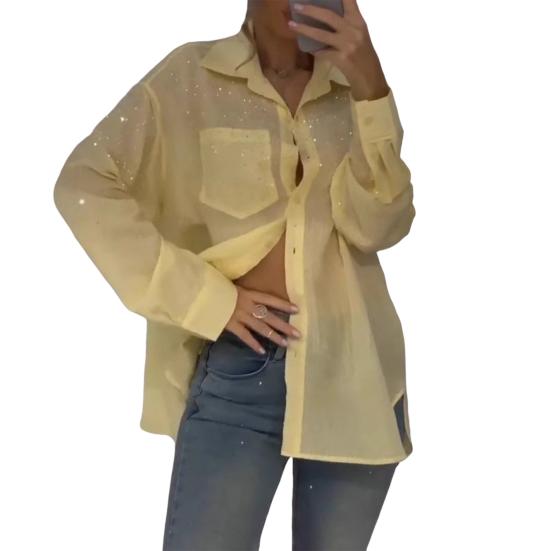 

Женская рубашка с лацканами, длинным рукавом, с золотой строчкой, однобортная однотонная рубашка свободного кроя, тонкая рубашка на каждый день S жёлтый