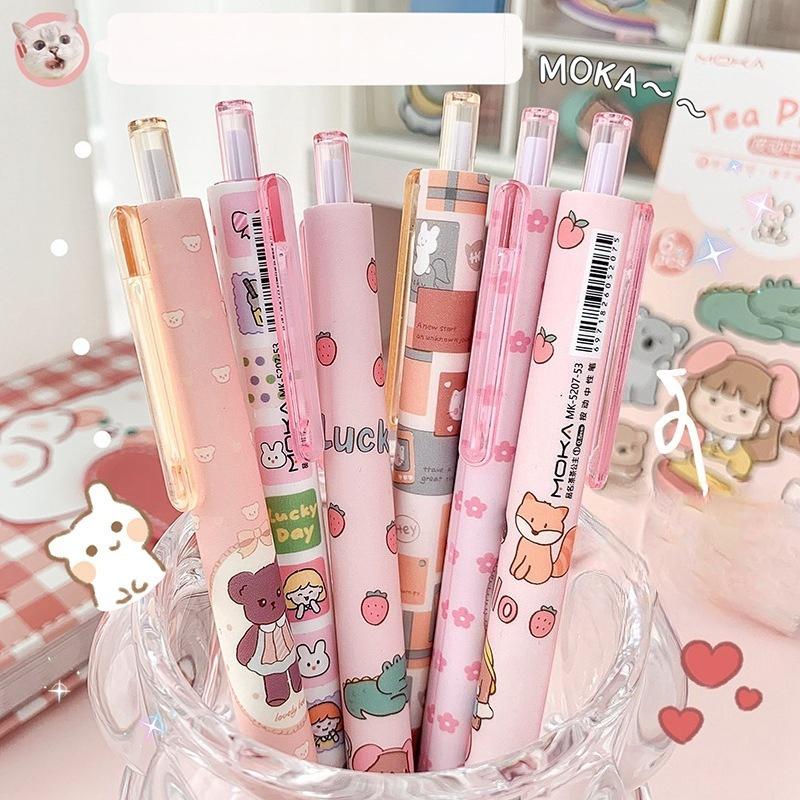 4Pcs Cute Cartoon Design Ballpoint Pen 0.5mm Writing Neutral Pen Press Type Rollerball Pen Learning Office Supplies
