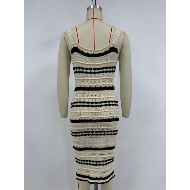 Women's Summer New Beach Solid Color Sexy Knitted Striped U Neck Halters Long Dress