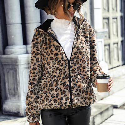 2025 Autumn Winter Women's Leopard Print Hooded Long Sleeve Loose Casual Coat Flannel Fleece Outerwear for Europe US