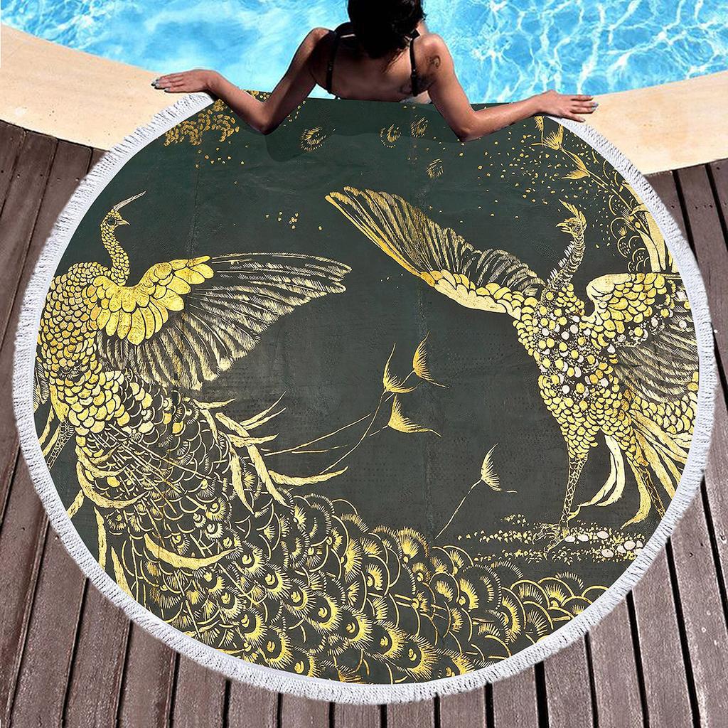 Luxury Gold Vintage Floral Round Beach Towel with Tassels, Microfiber Quick Dry Beach Blanket Absorbent Meditation Rug Yoga Mat