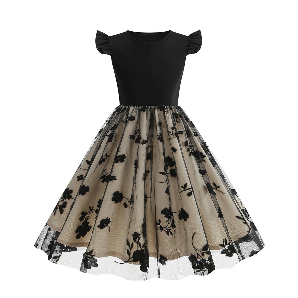 Sommer Kinder Taille Spleißen Mesh Kurzarm Rundhals Vintage Mädchen Langen Rock Swing Kleid