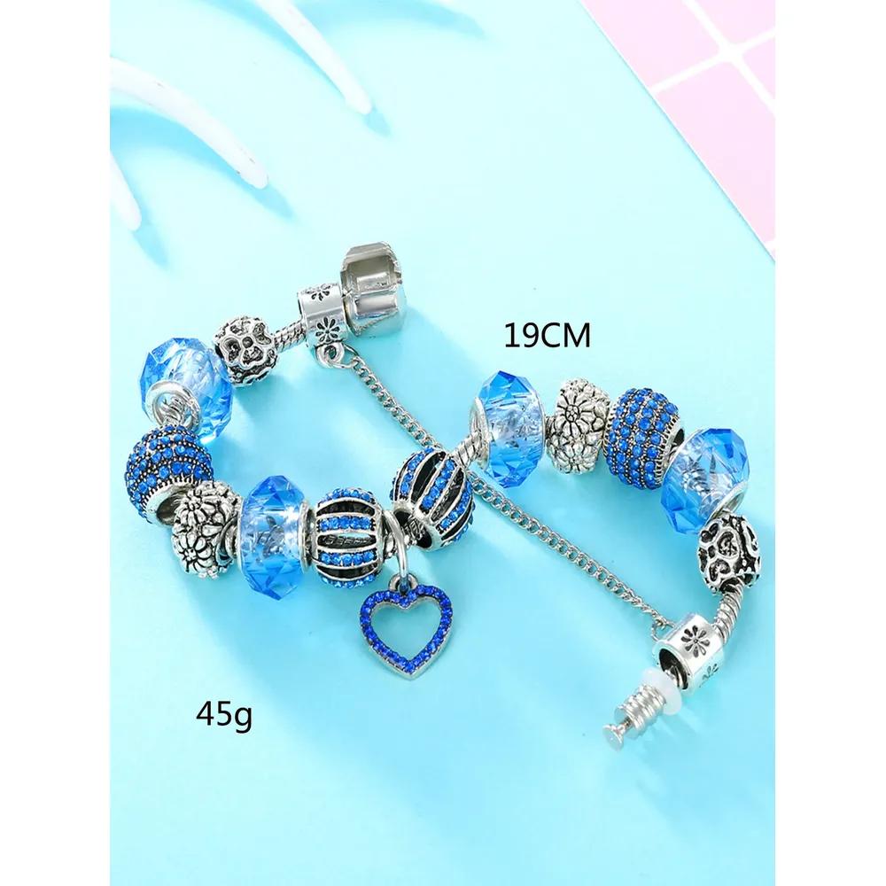Amazon eBay Popular Fashion Diamond Set Large Hole Bead Bracelet Blue Ocean Crystal Love Pendant Bracelet