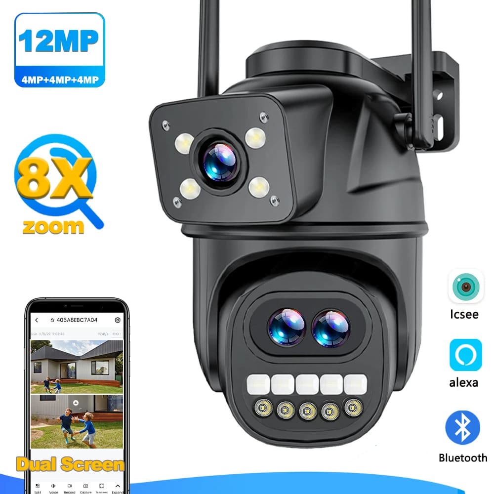 Telecamera IP Wi-Fi esterna HD 12MP 6K con zoom 8x, tripla lente, doppio schermo, monitoraggio automatico, protezione di sicurezza, videosorveglianza CCTV, app iCSee