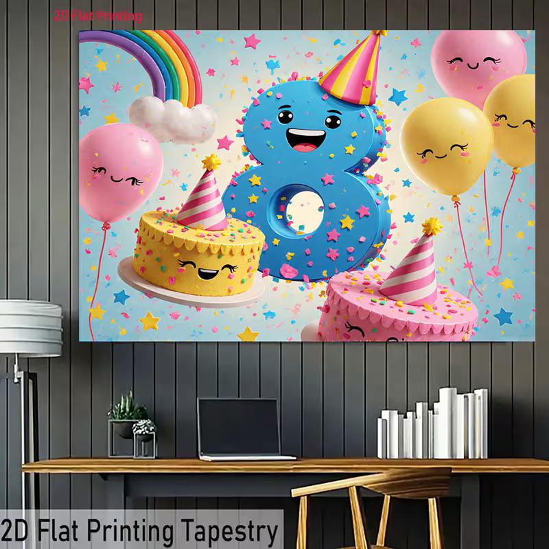 Toile de fond 2D pour 8ème anniversaire pour filles, Mignon Chiffre 8 Dessin Animé avec des Gâteaux Souriants et des Ballons
