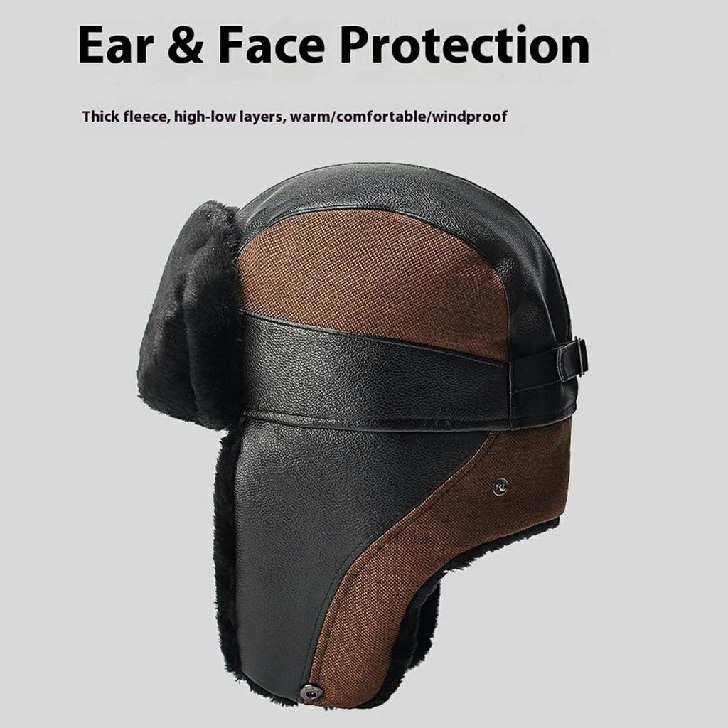 Winter PU Trapper Hat Outdoor Windproof Ski Cap Ear Flap Protection Thickened Fleece Lined Warm Hat