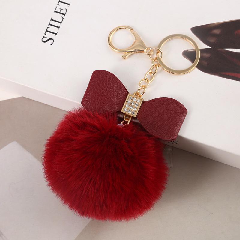 Faux Fur Pom Pom Keychain Women Girls Plush Ball Bag Backpack Pendant Creative Rhinestone Pu Leather Bow Car Keyring GiftS