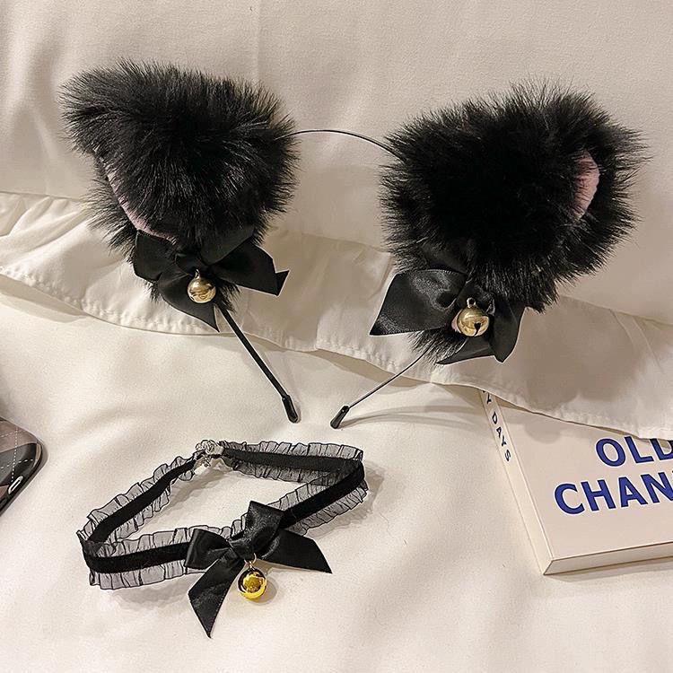 

Ручна робота Лоліта Обруч на голову з котячими та лисячими вушками з мереживним бантом і чокером з дзвіночком - Аксесуар для косплею