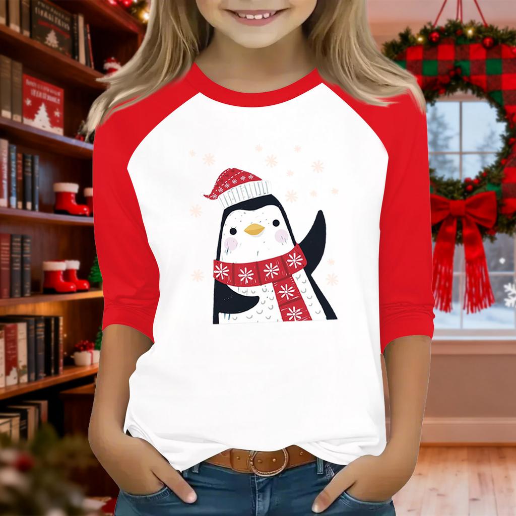 Tops For Youth Girls 4-16 Years Round Neck 3/4 Sleeves T-Shirts Trendy Tops Outfit Tees Christmas Day