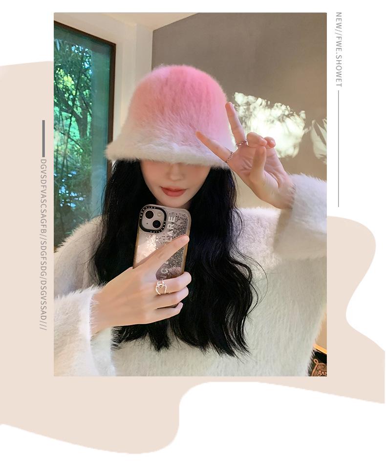 Women's Korean Gradient Rabbit Fur Hat - Trendy Autumn/Winter Warm Bucket Hat