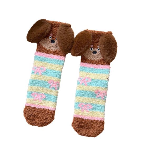 1 Pair Floor Socks 3D Cartoon Dachshund Design Striped Print Elastic Opening Socks Coral Fleece Thickened Mid-Length Sleeping Socks