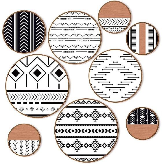 Geelin Wall Art 9 Pcs, Abstract Boho Art Prints, Wooden Aztec Sign, Bohemian Wall Decor, Modern Diamond Patterns, Living Room, 4 Sizes Classic Style