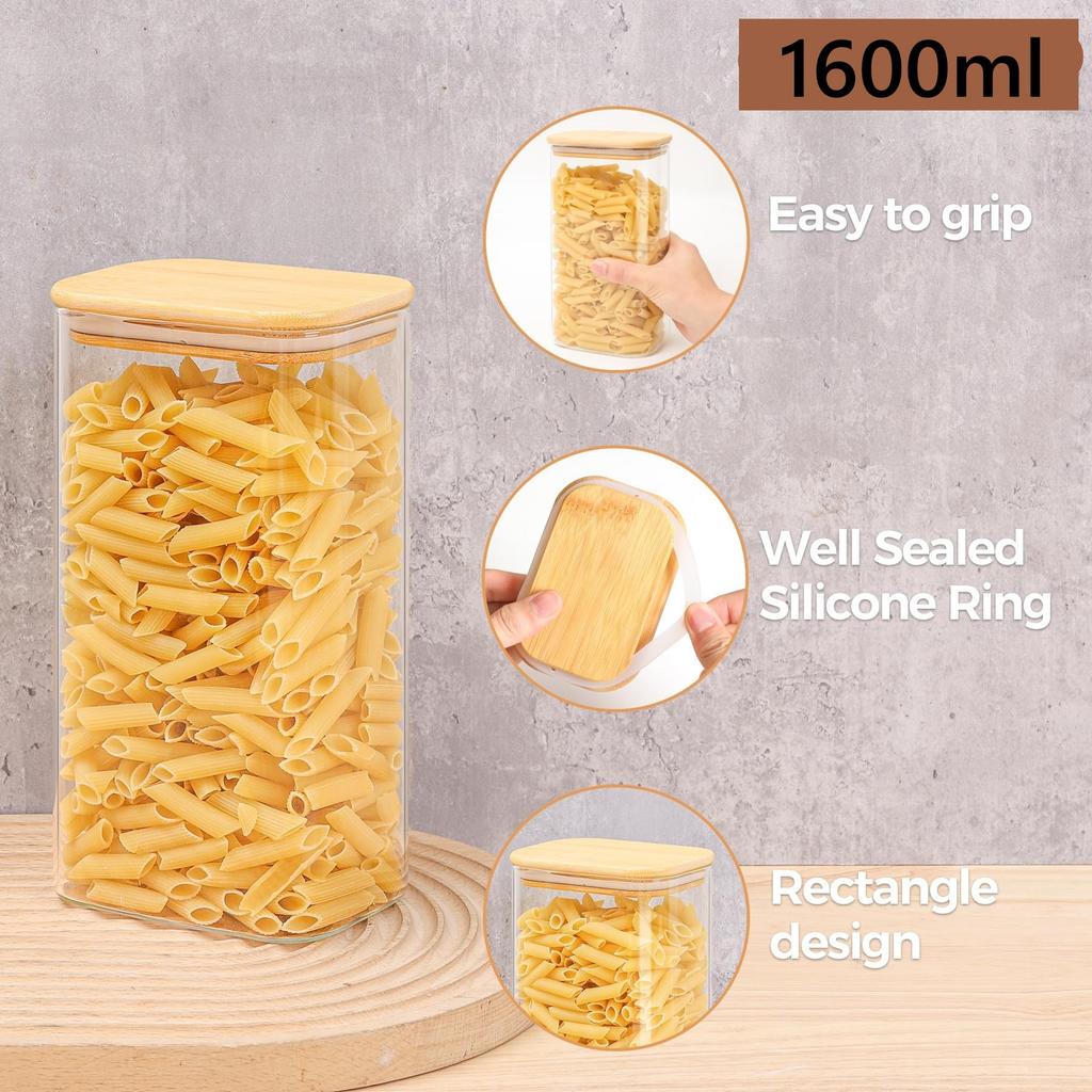 Rectangle Clear Storage Jars with Bamboo Lids For Sugar Coffee Pantry Organizer Container for Pasta Tea Candy Nuts