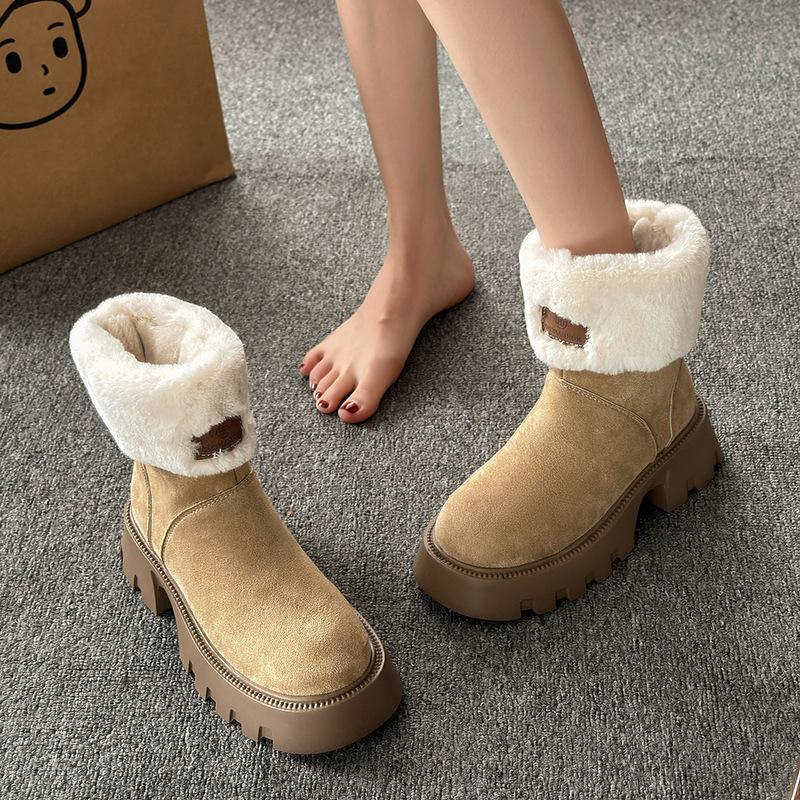 

Короткие ботинки Mao Mao с толстой подошвой, меховые зимние ботинки для женщин, новинка 2024 года, утепленные ботинки из северо-восточного хлопка с X-образным ворсом 40