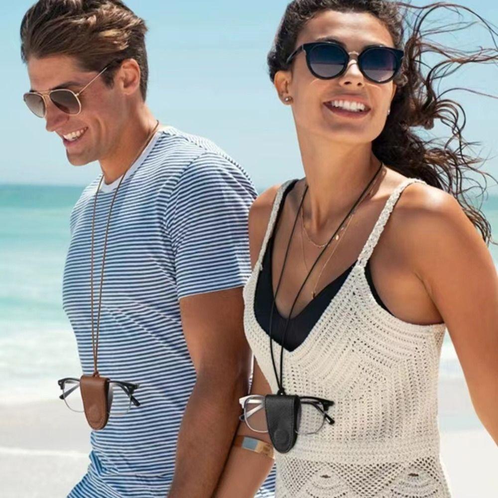Sunglasses Storage Lanyard Glasses Clip Neck Hanging Pu Leather Magnetic Hat Clip Portable   Beach