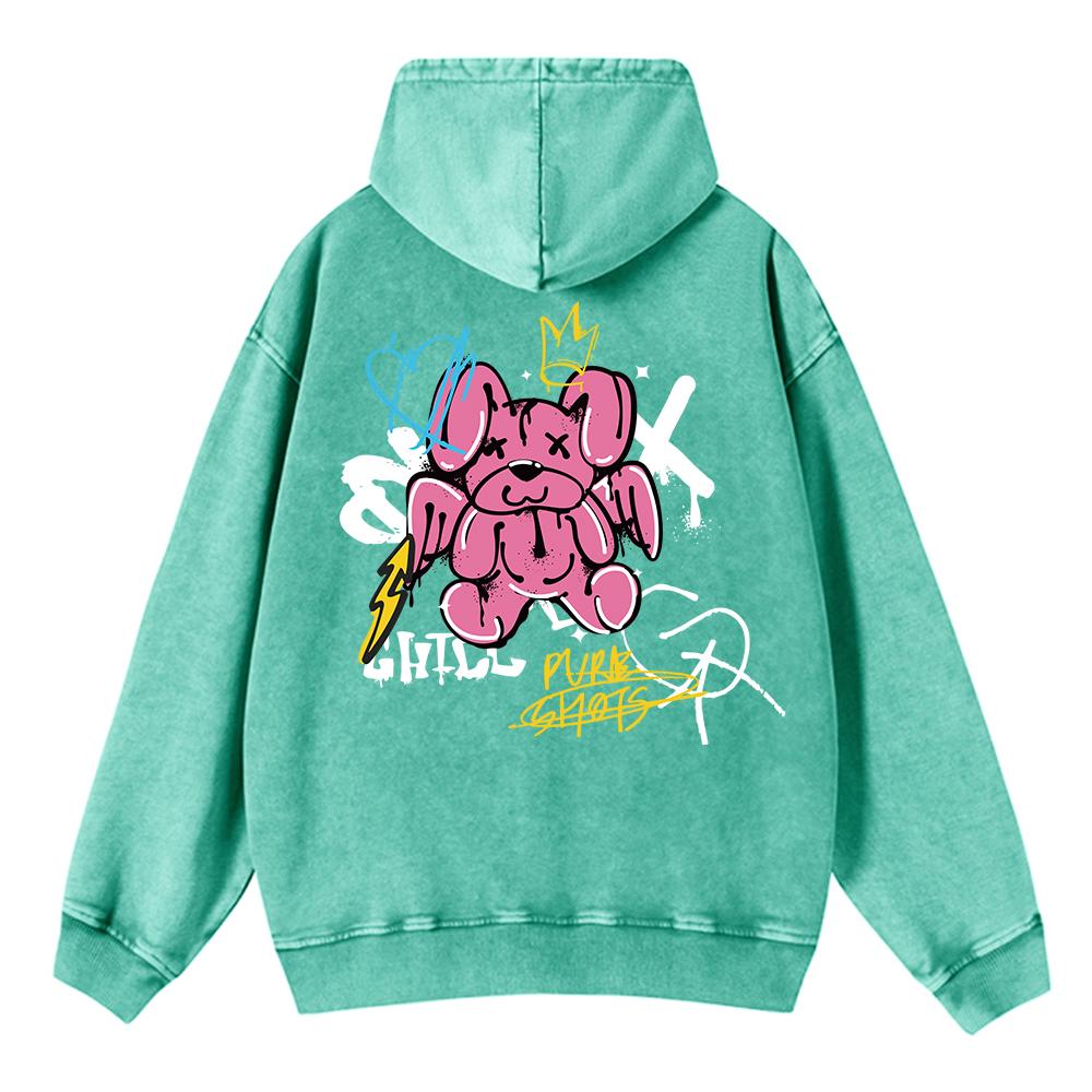 Vintage Womans Washed Hoodies Cute Rabbit Angel Graffiti Prints Pullovers Pocket Oversize Cotton Hooded Fashion Clothes