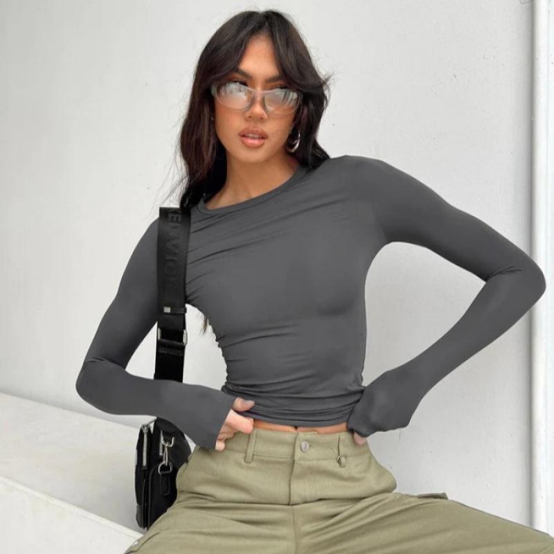 Autumn New Women's T-shirt Solid Color Round Neck Base Shirt Slim Fit Wearing Hands Long Sleeved Top for Women