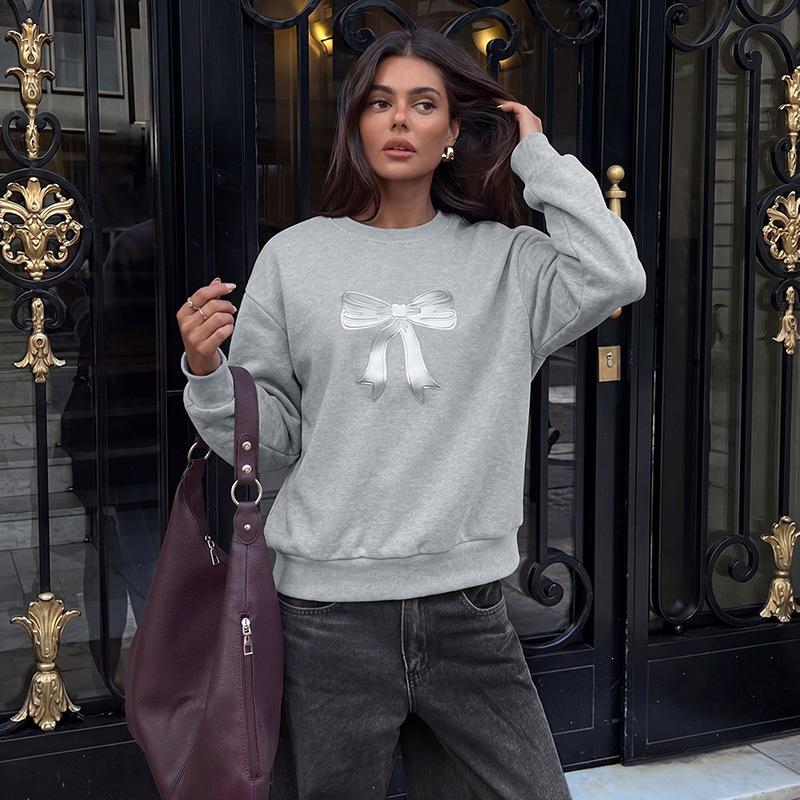 2026 Korean Casual Bow Loose Hoodie for Women - Round Neck