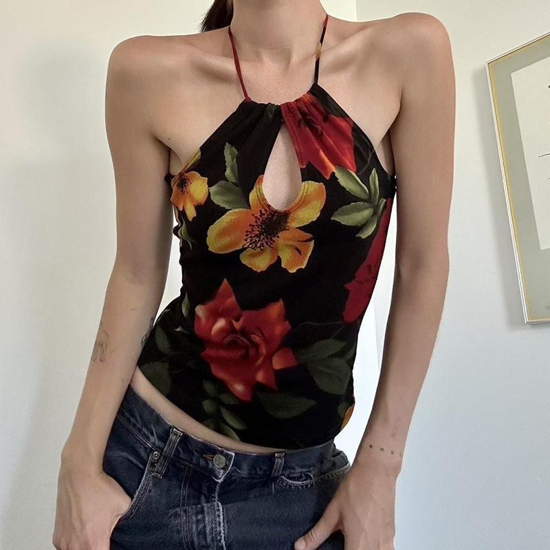 Personalized ethnic style fashion flower print slim fit neck sling vest Spice girl sexy backless hollow top