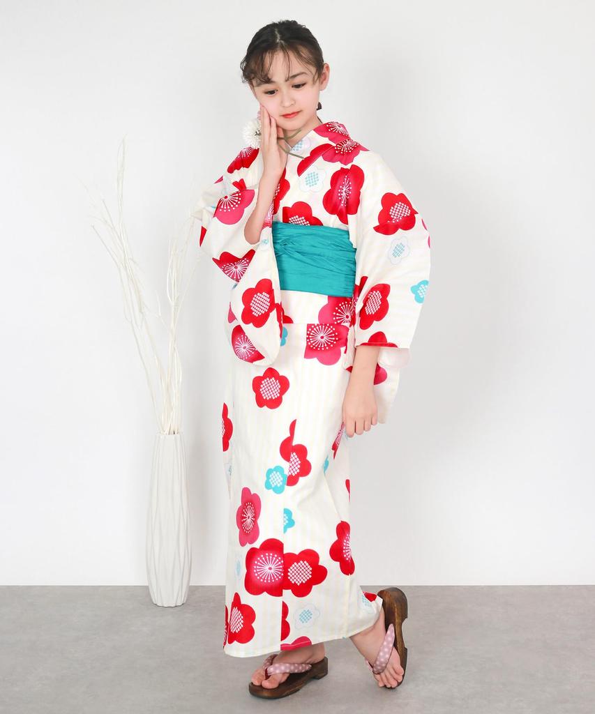 Yukata One Change 3 Piece Set Heiko Junior Girls [KYOETSU] Set, Yukata, Piece, Girls, Ecru, Weave, (Yukata, Obi, Geta), (3.Plum Stripes, 130cm)