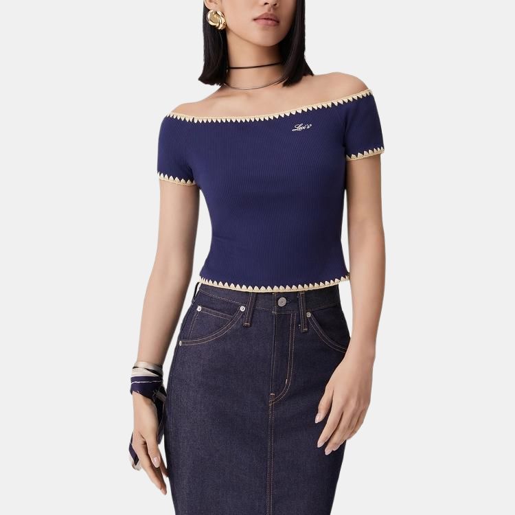 Levis Soft Comfortable Slim Fit Simple Off The Shoulder Short Sleeve T-Shirt Women Tops 003I1-0001