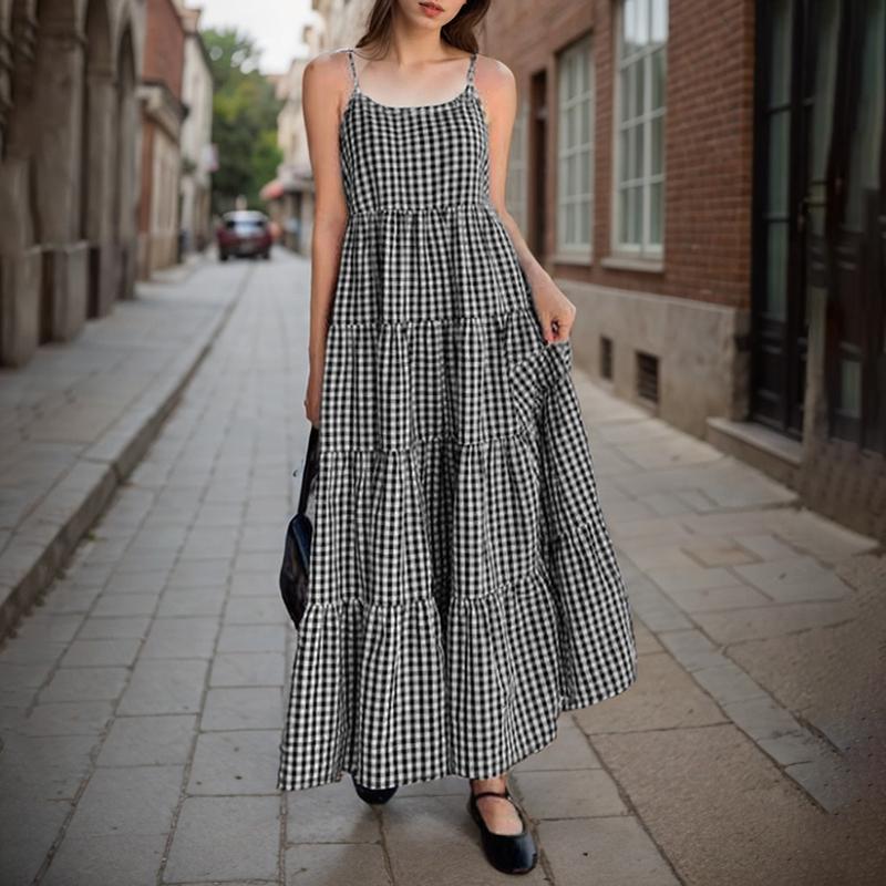 

ZANZEA Женское повседневное летнее платье-слинг без рукавов с клетчатым принтом 4XL чёрный