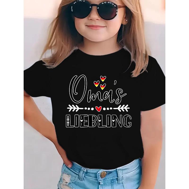 

European sizes Summer Fashion Girls Short-Sleeve T-Shirt OMA s LIEBING with Heart Element and Minimalist Letter Print, Casual Versatile Top 164cm чорний