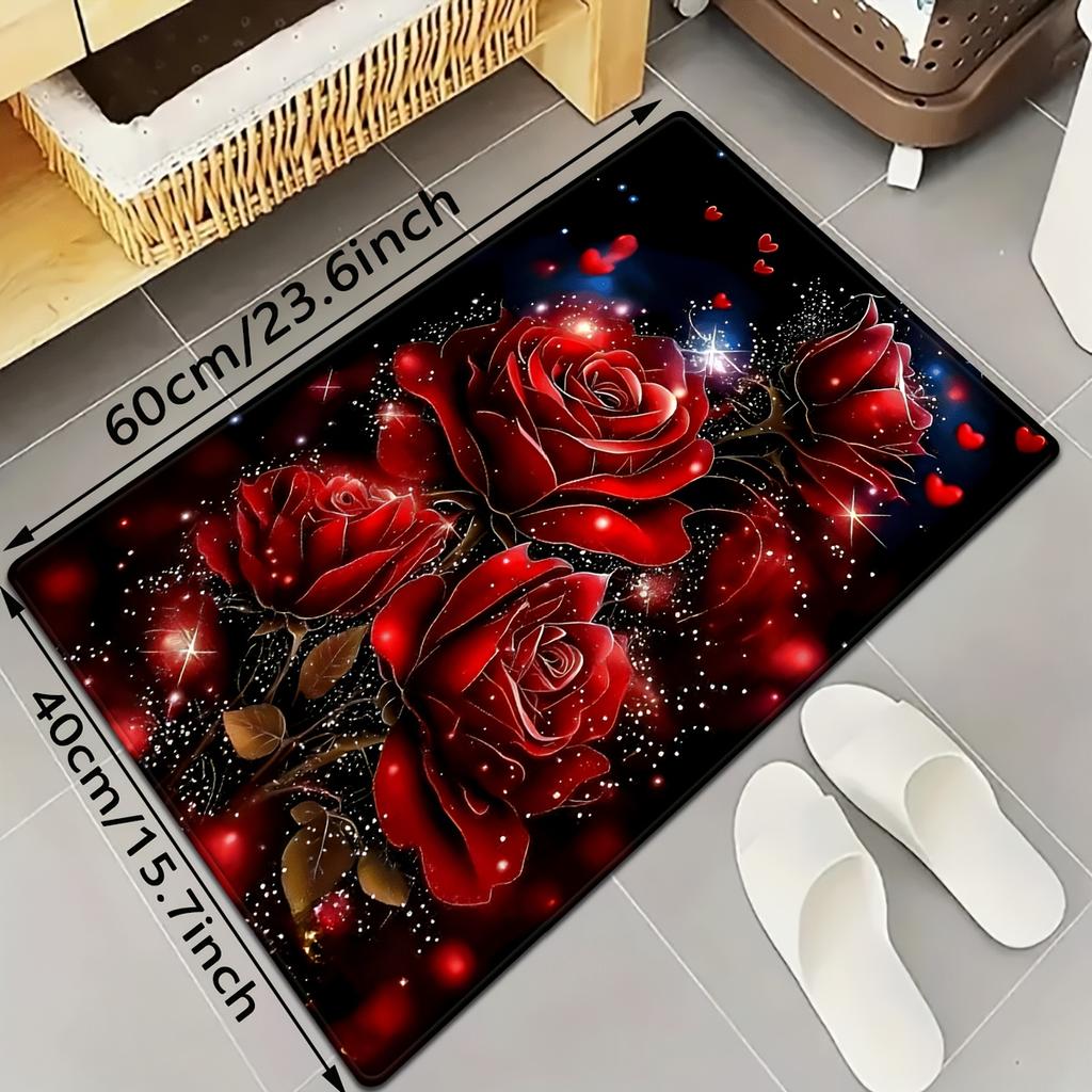 1pc Red Rose Carpet - Elegant Square Suitable for Bedroom & Living Room Decor, Soft Shaggy, Machine Washable Indoor Carpet, Romantic Red Ros