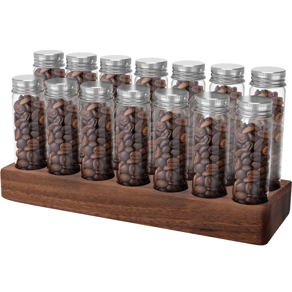 7/14Pcs Coffee Bean Storage Tubes with Walnut Wood Display Stand Portable Single Dose Coffee Bean Container Sealed Coffee Bean