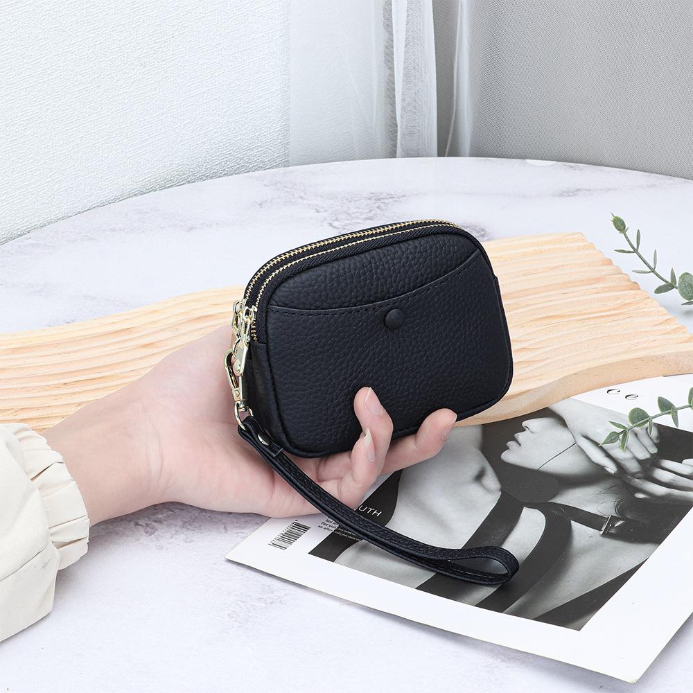 Women's Hand-held Change Purse Large-capacity Double-zipper Loose Money Lipstick Key Storage Bag First-layer Cowhide