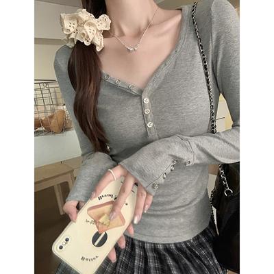 V-neck Button Design Pure Desire Long-sleeved Bottoming Shirt for Women Early Autumn Gray Slim Waist T-shirt Gentle Wind Top