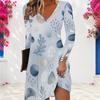 Women Plus Size V Neck Long Sleeve Printed A Line Flared Hem Dress