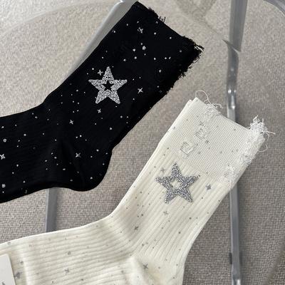 Sparkly Rhinestone New Fashion Star Socks Distressed Fringe Cotton Crew Socks Fashion Stacking Socks for Women Casual Daily