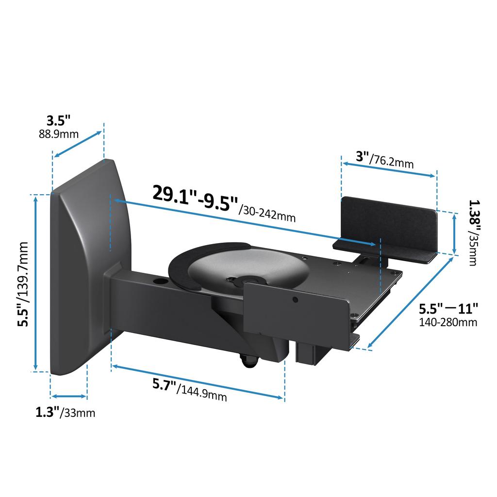 WORLDLIFT Large Speaker Wall Mount Brackets, 25kg Load Capacity Each, Adjustable Height 140-280mm, 8° Tilt, 45° Rotation, Non-Slip Hooks, Set of 2