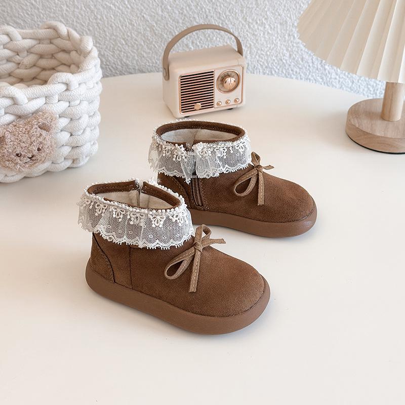 Mädchen Kurzstiefel im koreanischen Stil mit Fleecefutter und Schleife - 2025 Herbst/Winter Prinzessin Baumwollschuhe für Kinder